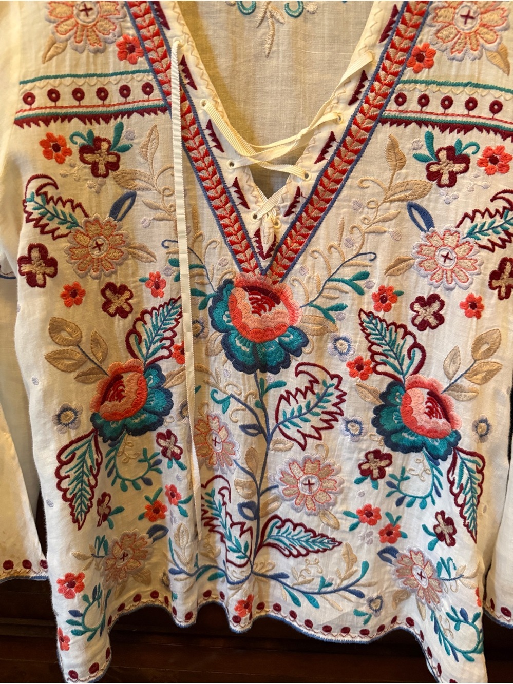 Johnny Was White Embroidered Floral Lace-Up V-Neck- M - Picture 5 of 7